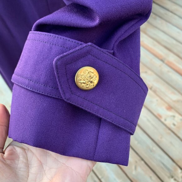 Vintage 80s 90s Purple Wool Gold Button Beltless Long Trench Coat Retro Overcoat - Picture 7 of 16